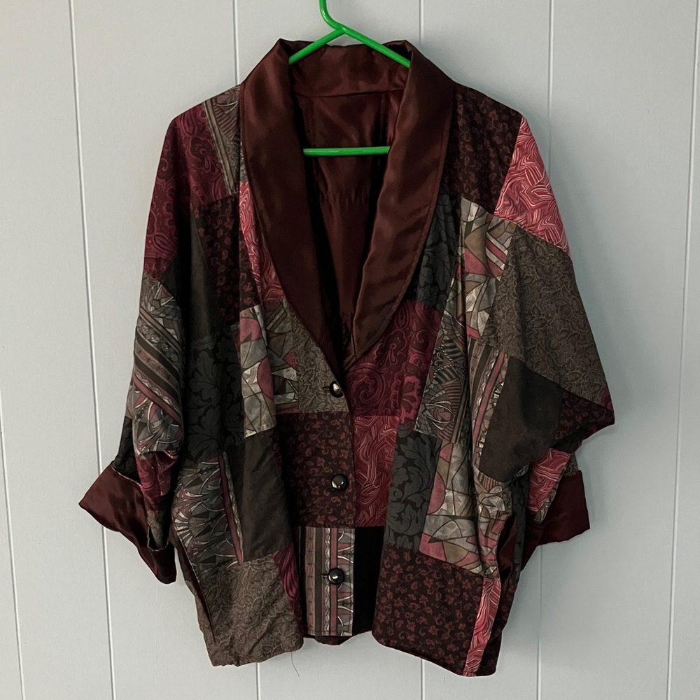 Patchwork Jacket Button Closure Satin  Shawl Collar and Cuffs Lined  Art to Wear